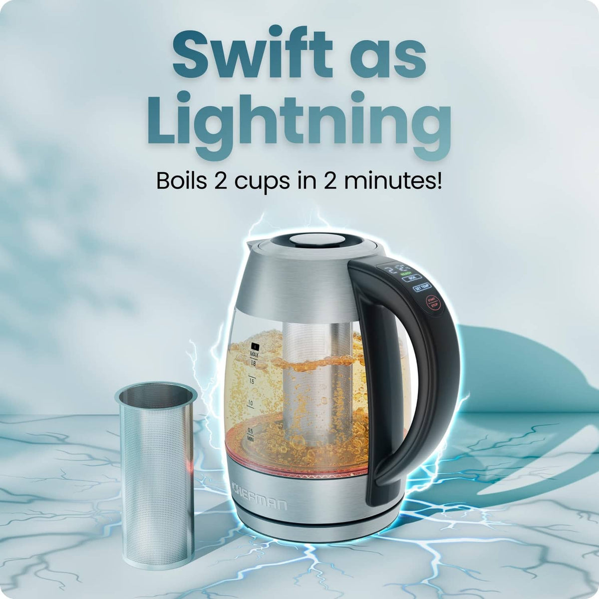 Stainless steel electric kettle with black handle and digital control panel, 1.8L.