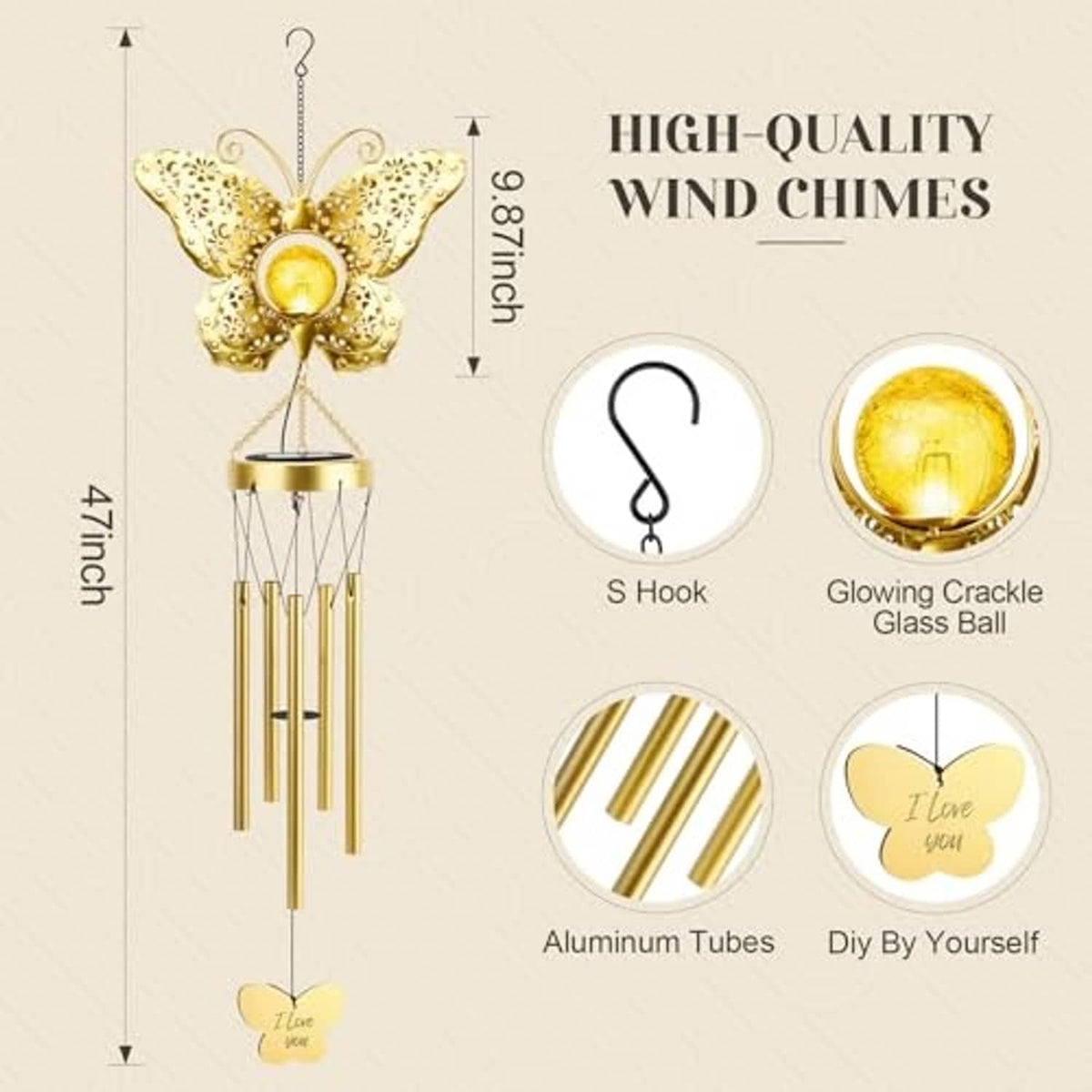 Golden butterfly solar wind chime with glowing glass bulb and vertical aluminum tube bars