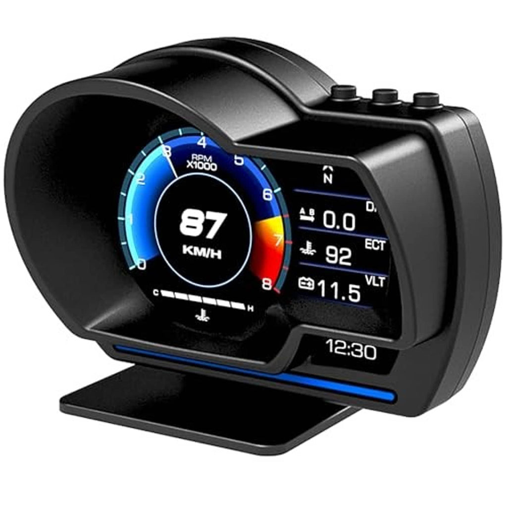 Black OBD2 GPS HUD smart gauge showing blue speed dial and right-side driving data display