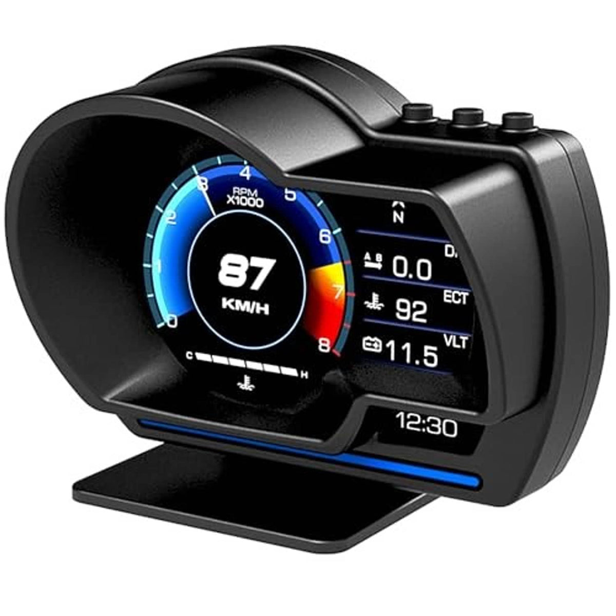 Black OBD2 GPS HUD smart gauge showing blue speed dial and right-side driving data display