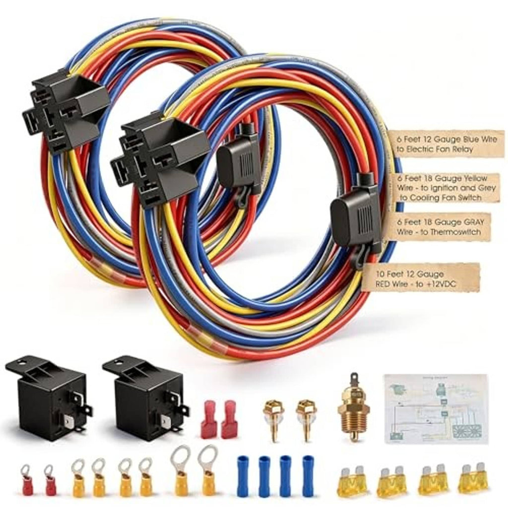 Electric fan relay wiring harness kit with dual relays, color-coded wires, and connectors
