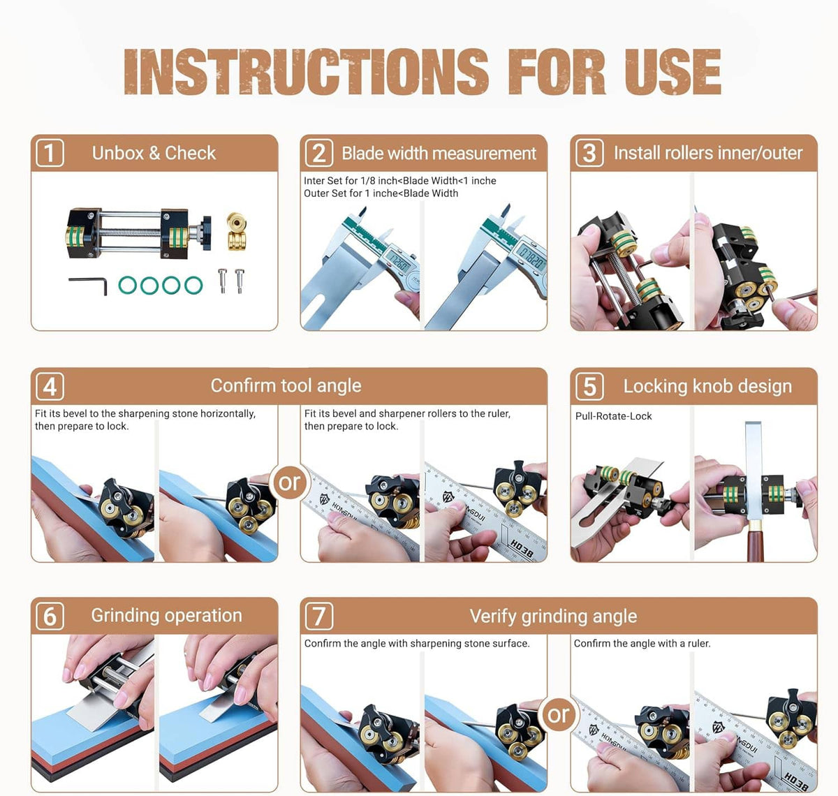 Instruction diagram page showing roller honing guide components and setup steps