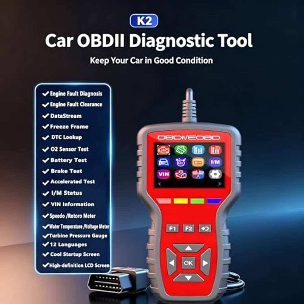 Handheld OBD2 scanner with red display showing diagnostic icons and multi-function keys
