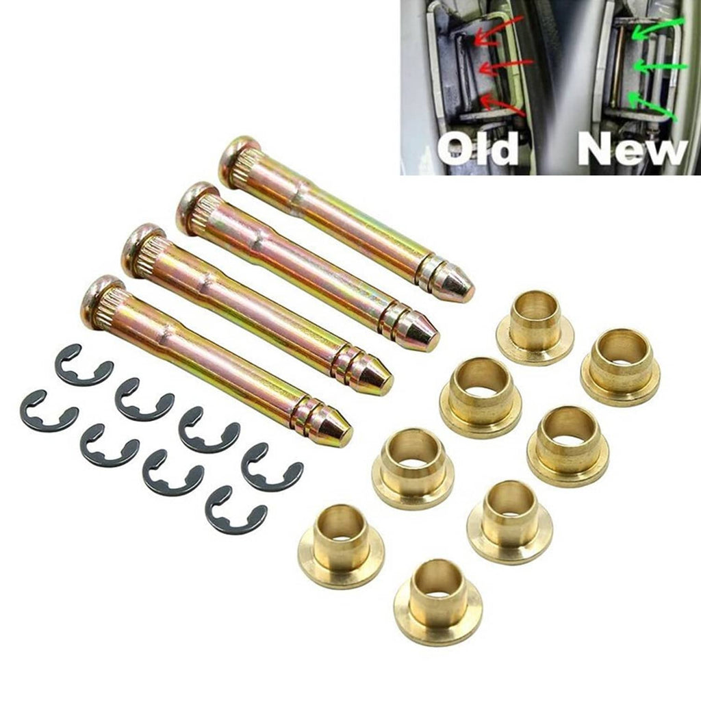 Door hinge pin bushing kit contents: gold pins, bushings, and black E-ring clips