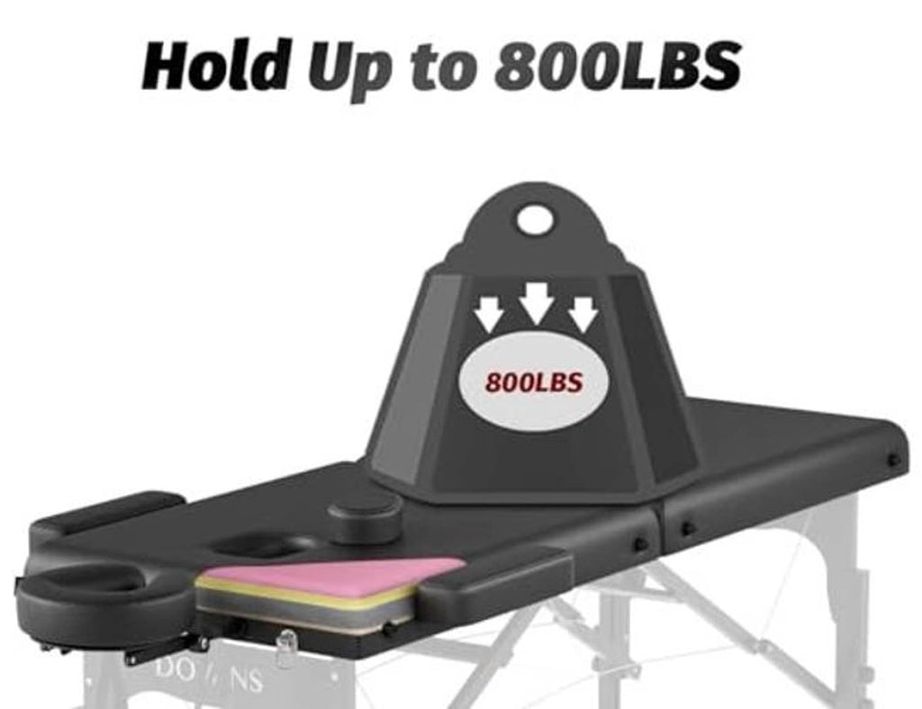 Massage table rated up to 800 lbs with supportive padded top and folding frame