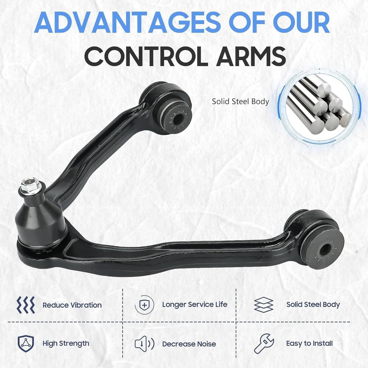 Black control arm with ball joint at each end, steel body for front suspension