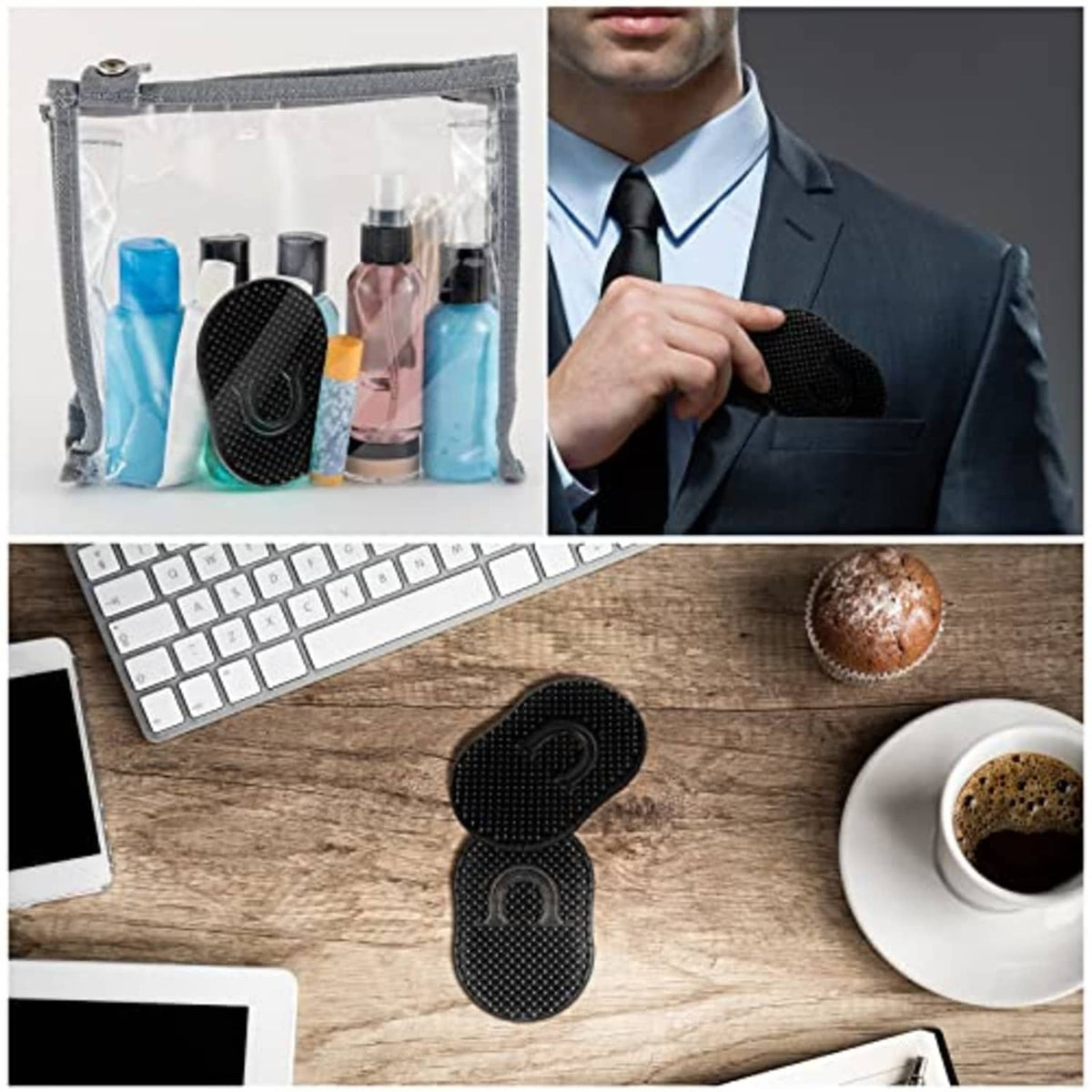 Black compact finger loop comb with textured bristles.