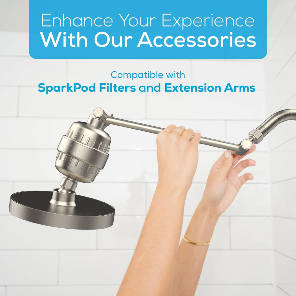 Rain shower head with compatible filter and extension arms accessory setup