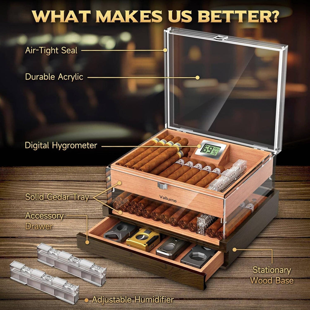 Clear acrylic cigar humidor open view showing cedar tray and digital hygrometer features