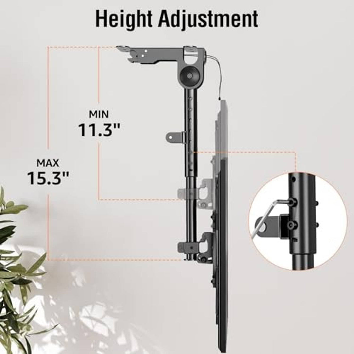 Ceiling TV mount with adjustable height extension pole and tilt bracket hardware