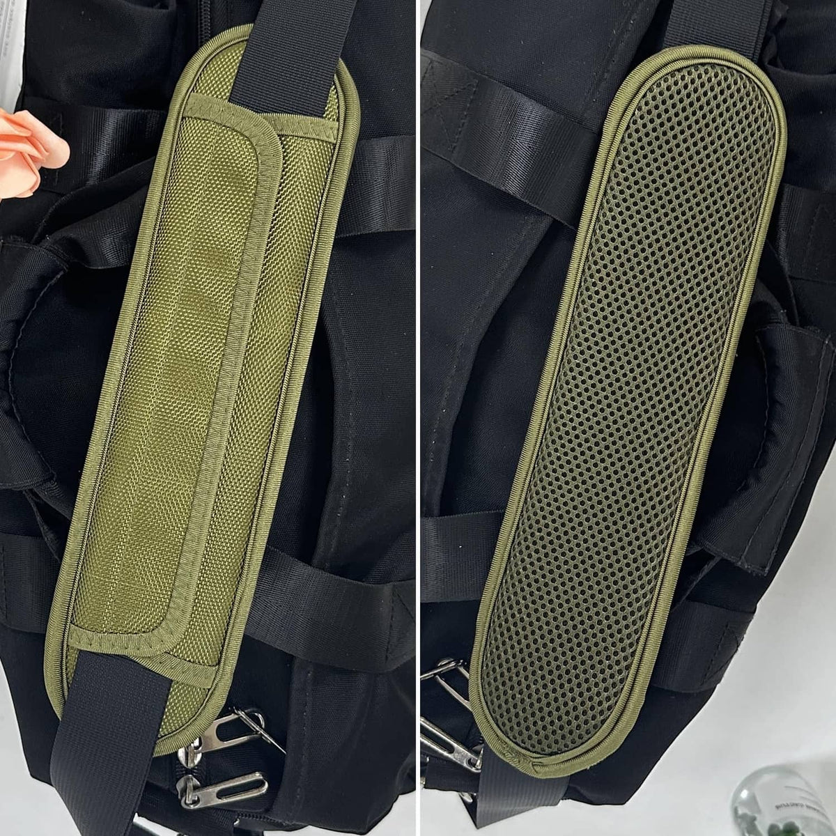 Army green sandwich mesh shoulder pad on a backpack strap, side and front views