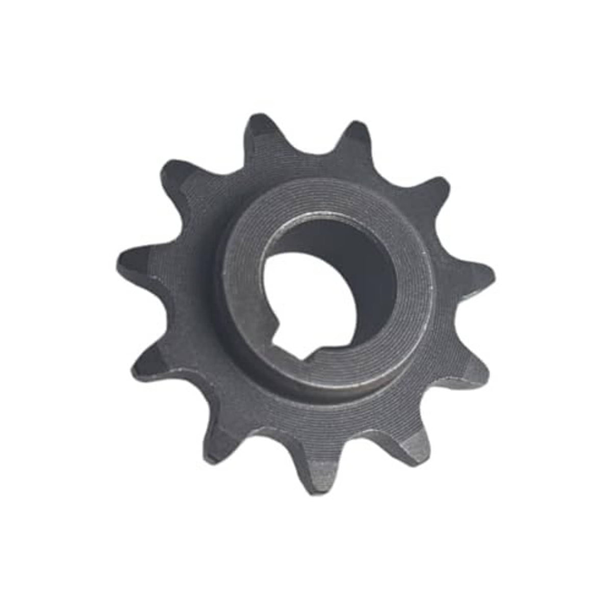 11-tooth sprocket gear front view with stepped center bore, dark metal finish