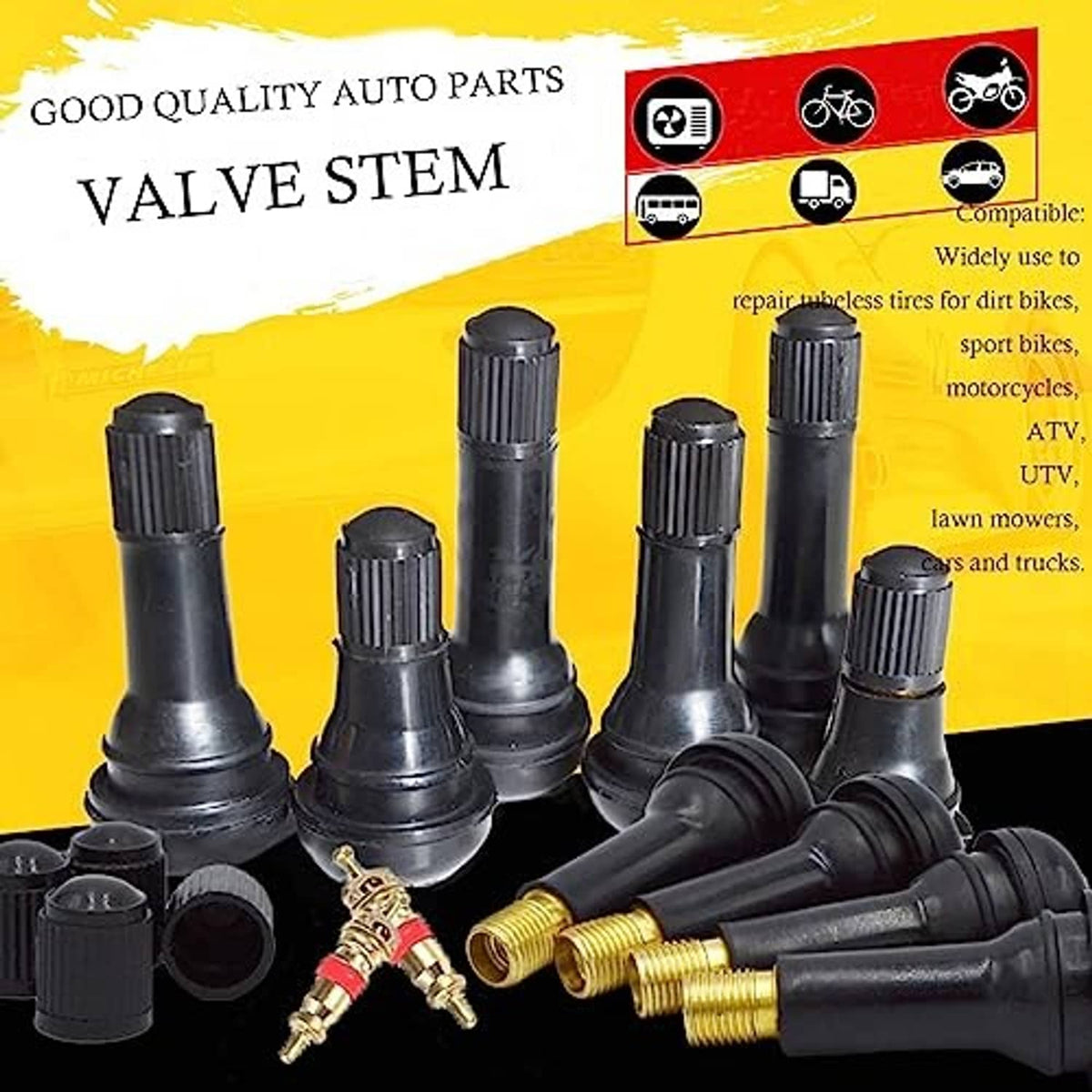 Valve stem repair kit with black valve stems and brass fittings, packaged parts overview