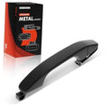 Black metal exterior door handle with curved lever and mounting base