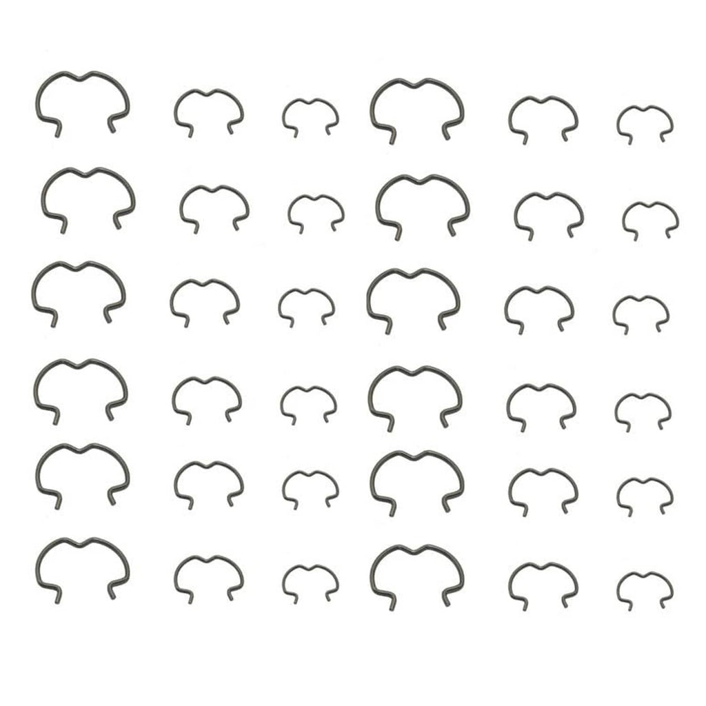 Set of dark gray metal quick connector clips, arranged in rows for counting