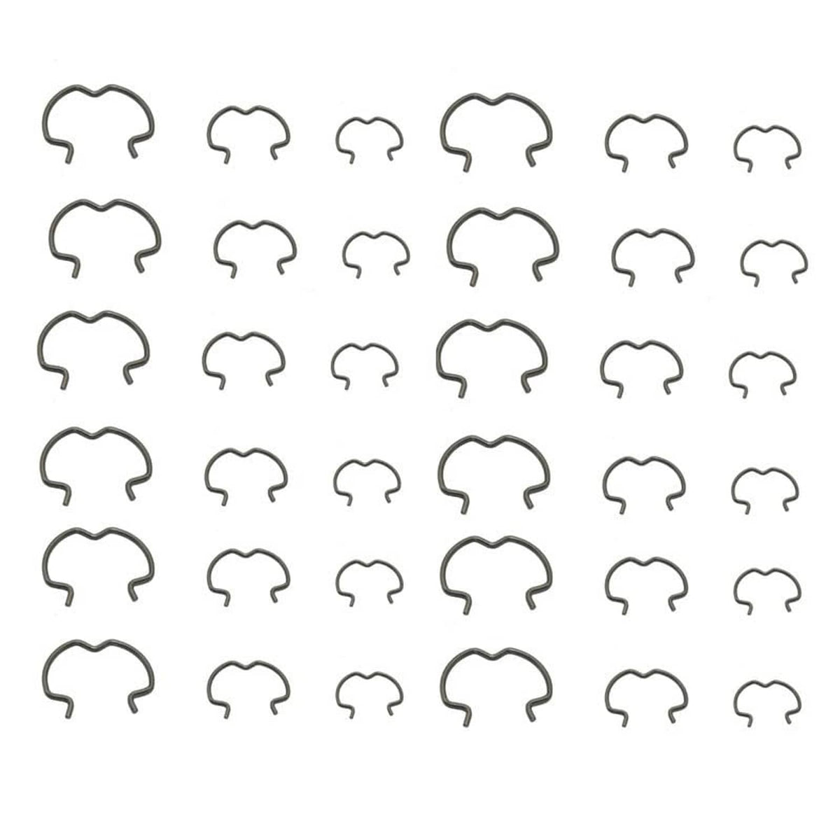 Set of dark gray metal quick connector clips, arranged in rows for counting