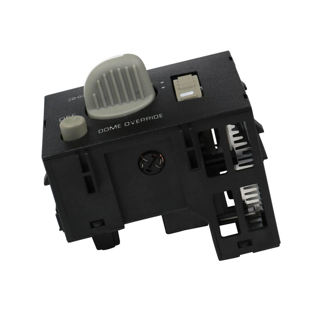 Black dash headlight switch angled view with gray dome override knob and side connectors