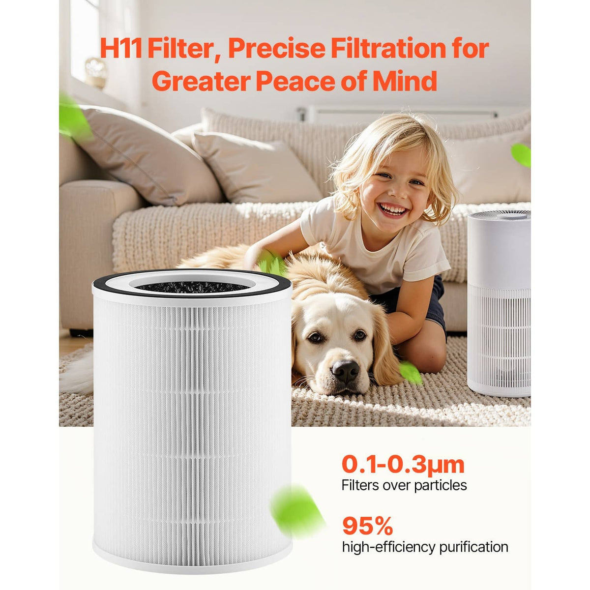 White cylindrical air cleaner replacement filter with black rim shown indoors with pets