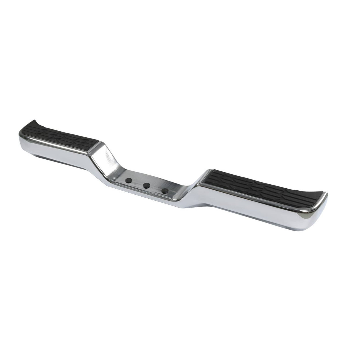 Chrome rear step bumper face bar angled view with textured black pads