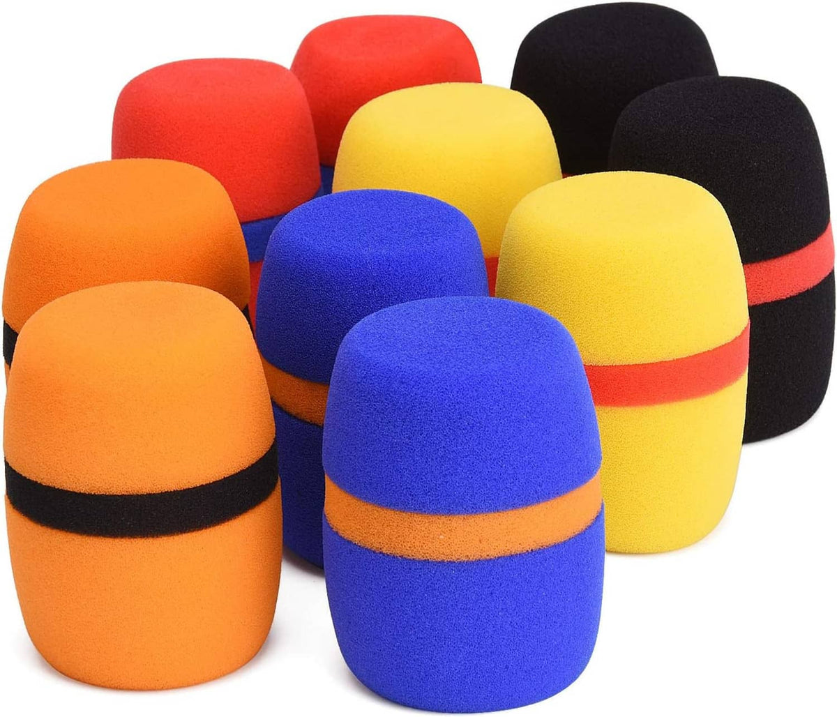 Mixed-color foam microphone windscreens arranged in a pack, red through black options