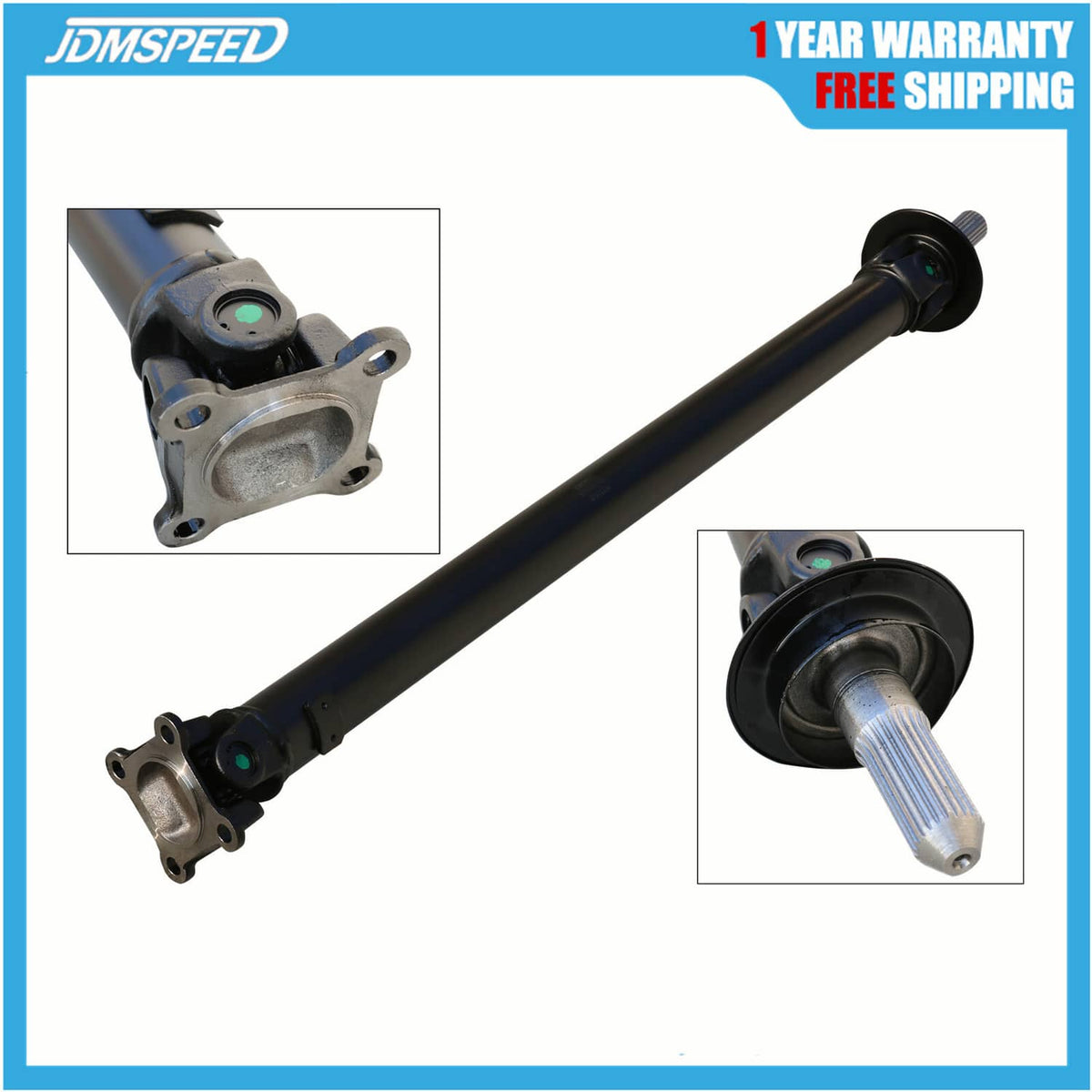 Front drive shaft assembly with flange ends and black rubber boot, steel shaft