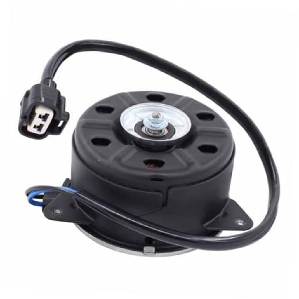 Radiator cooling fan motor with black housing, wiring connector, and mounting bracket
