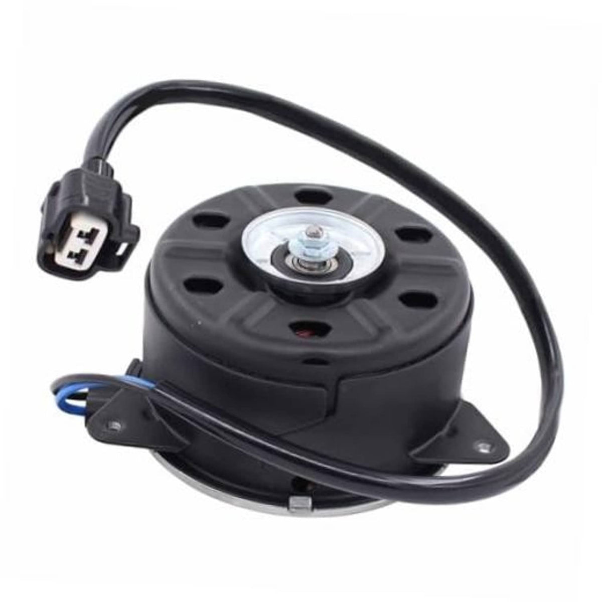 Radiator cooling fan motor with black housing, wiring connector, and mounting bracket