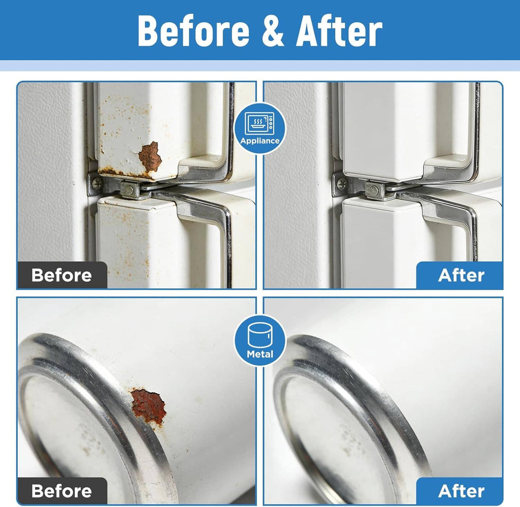 Multi-surface touch-up paint before-and-after panel for metal rust and appliance damage
