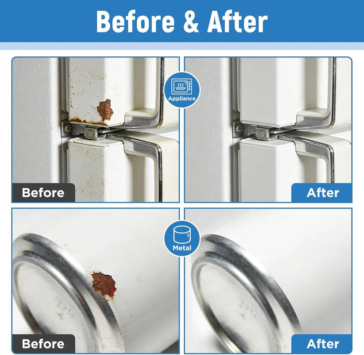 Multi-surface touch-up paint before-and-after panel for metal rust and appliance damage