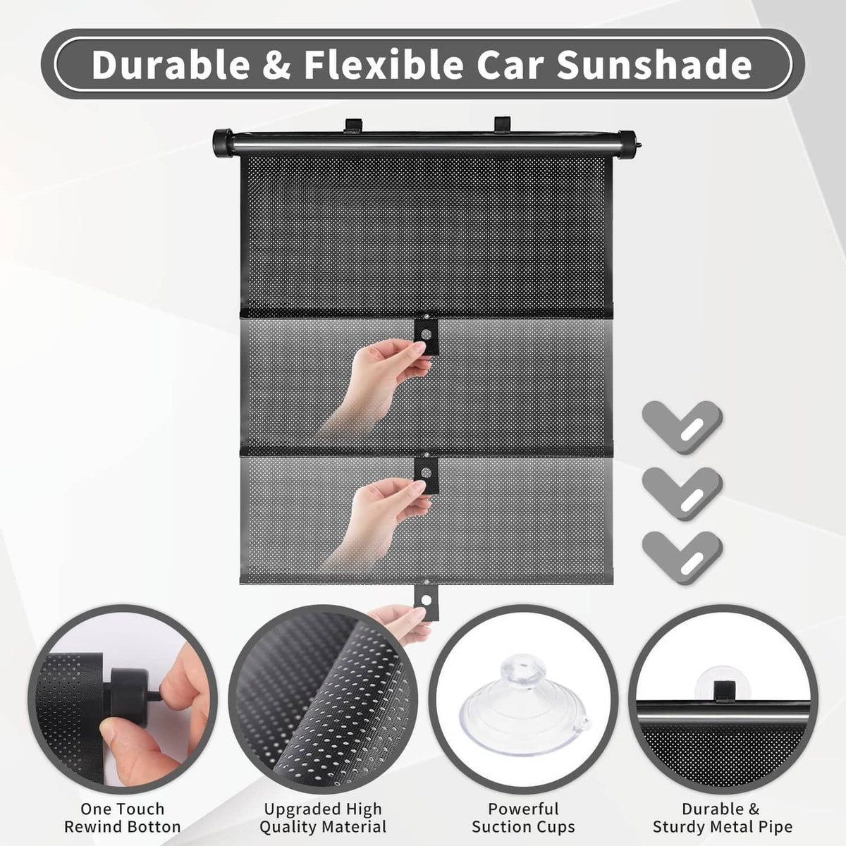 Black retractable mesh car sunshade folded with roller bar and fastening clips