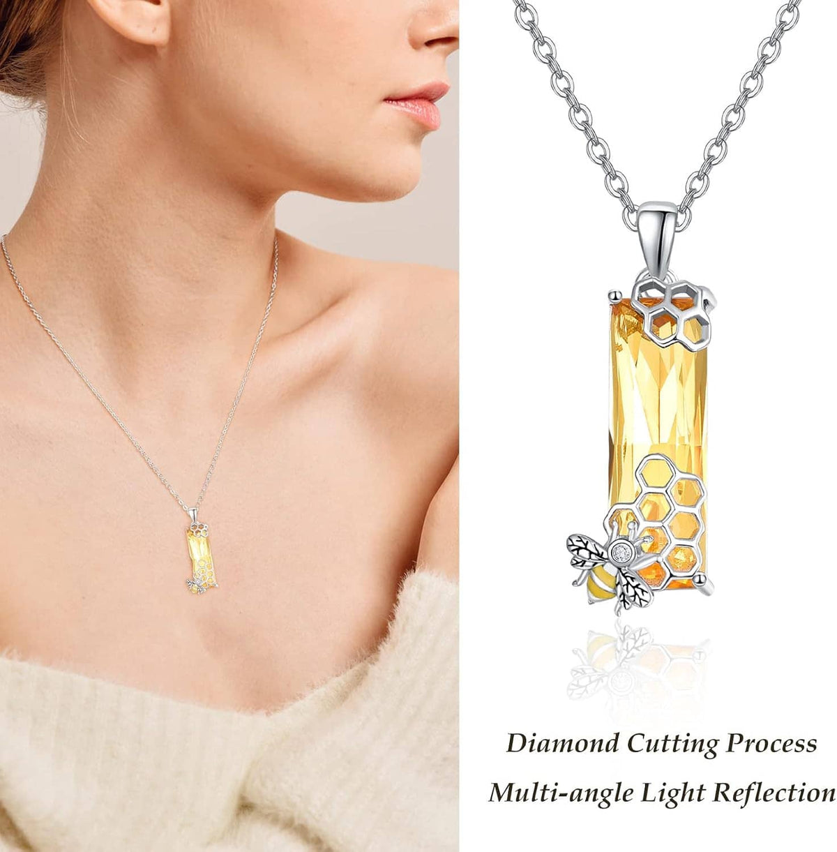 Silver chain necklace with rectangular honeycomb crystal pendant and bee charm detail