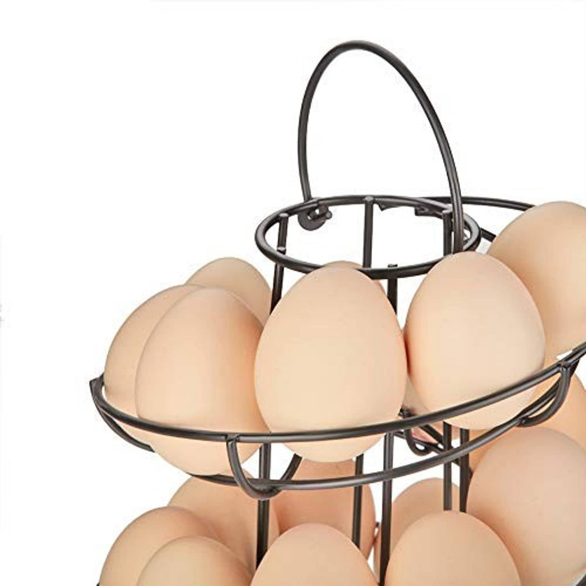 Top view of spiral egg storage rack with wire baskets and handle, black metal.