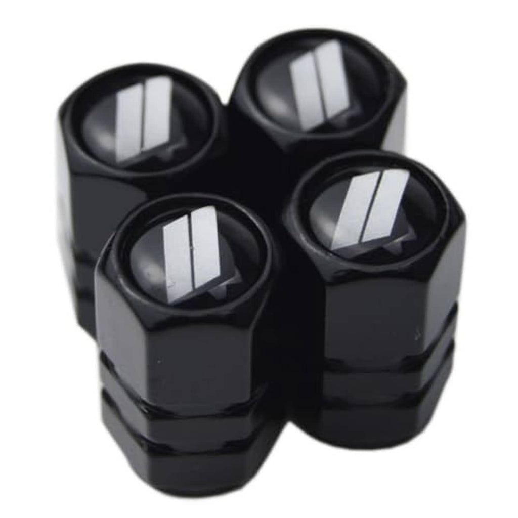 Set of four black valve stem caps with silver stripe inserts, front view