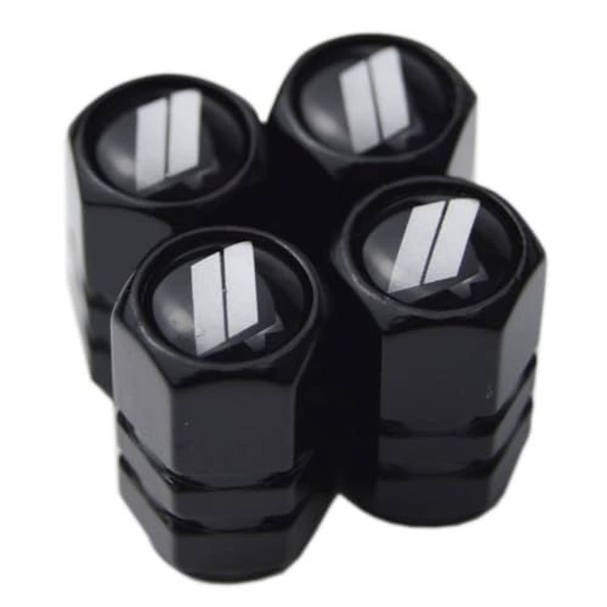 Set of four black valve stem caps with silver stripe inserts, front view
