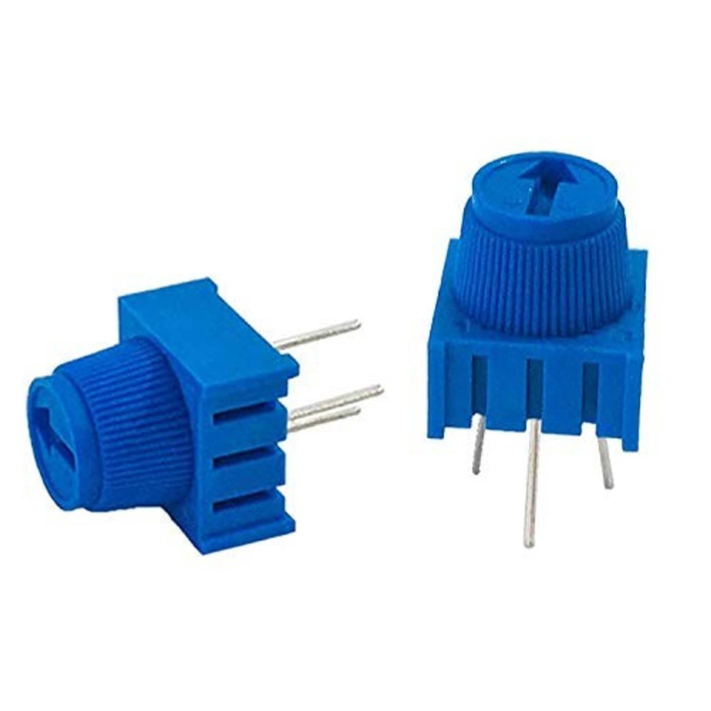 Pair of blue trimmer potentiometers with adjustment knobs and 3 metal pins each