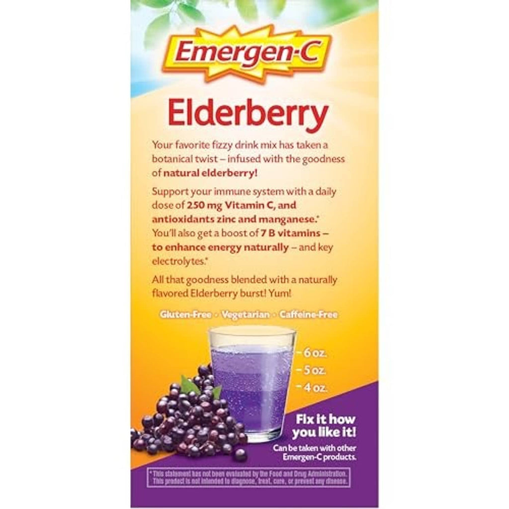 Emergen-C Elderberry fizzy drink mix box front with 7 vitamins and minerals