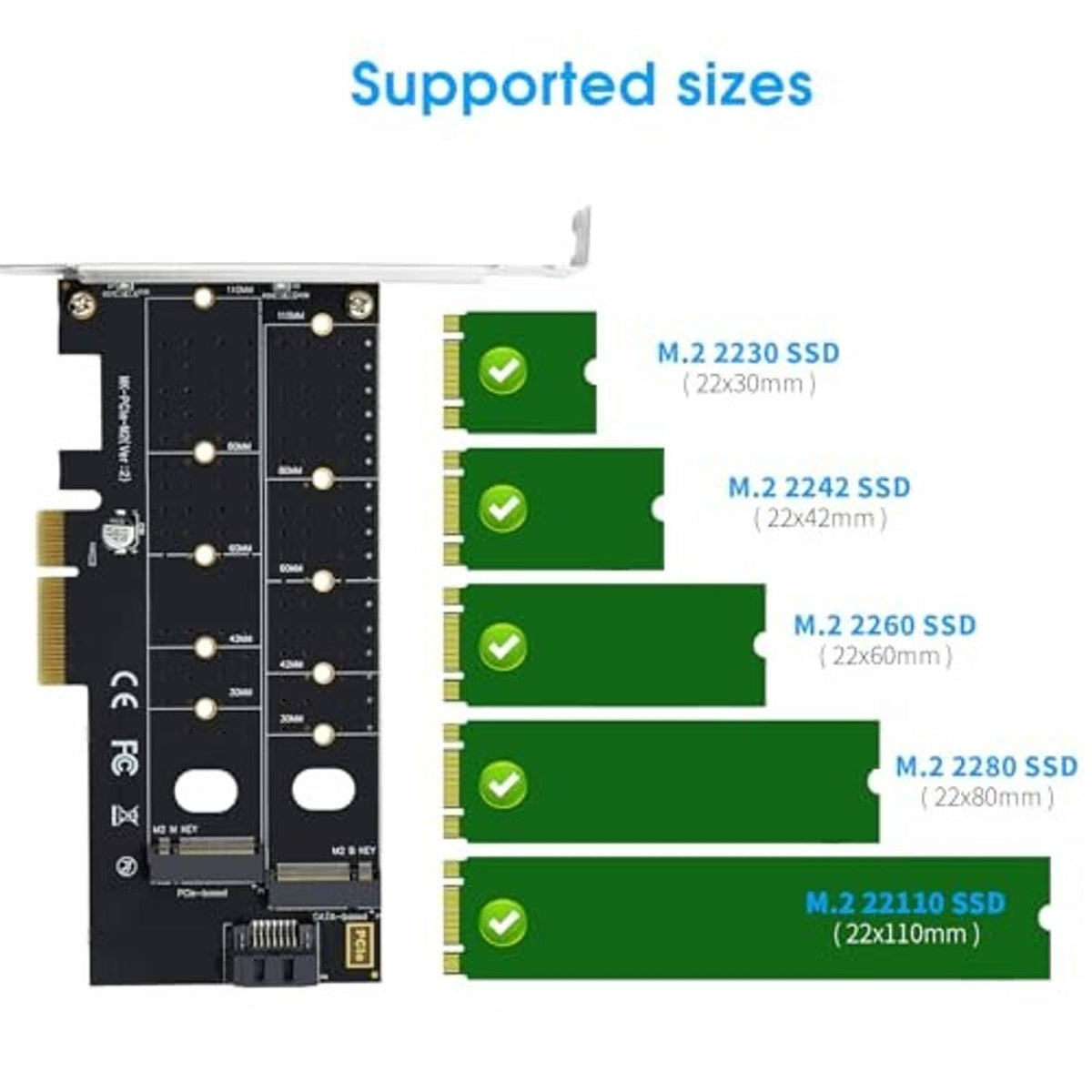 M.2 PCIe adapter supporting multiple SSD sizes, with size diagram on the right