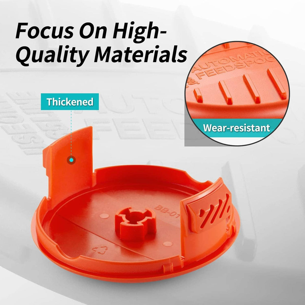 Orange trimmer line spool cap cover with spring housing detail, shown in open position