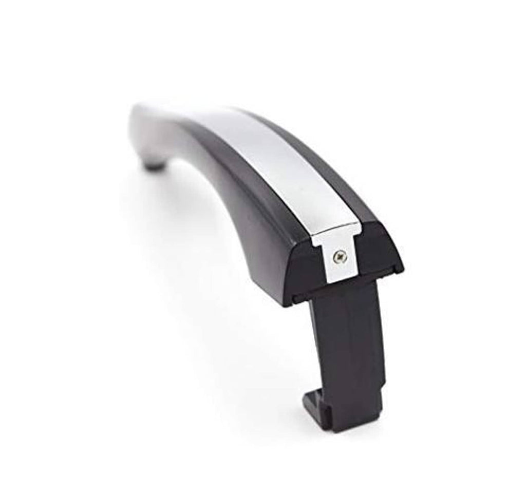 Chrome and black exterior door handle with insert near latch opening