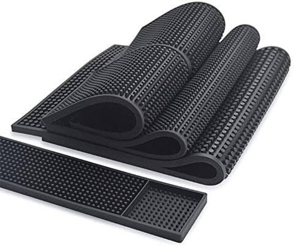 Pair of black rubber bar mats with raised dot texture and curved cup rests