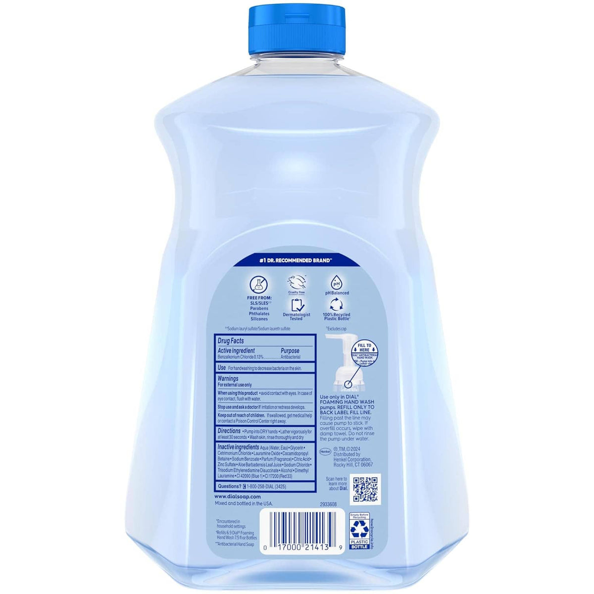 Foaming hand soap bottle, light blue liquid, blue flip-top cap