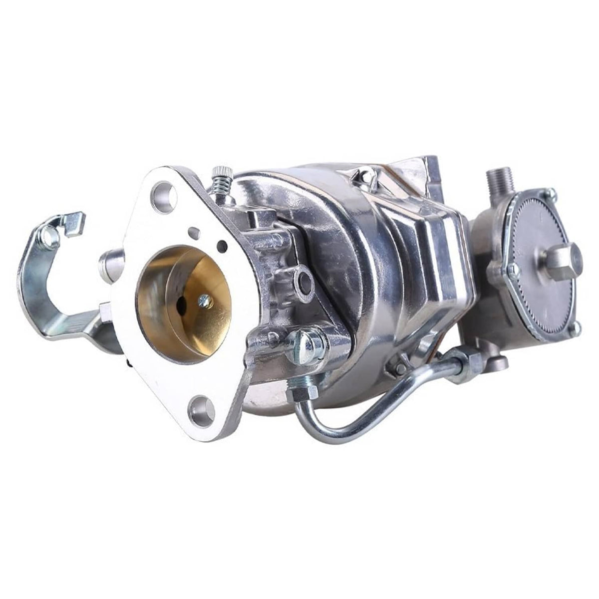 1-barrel carburetor with round mounting flange, fuel inlet, and side hose fittings