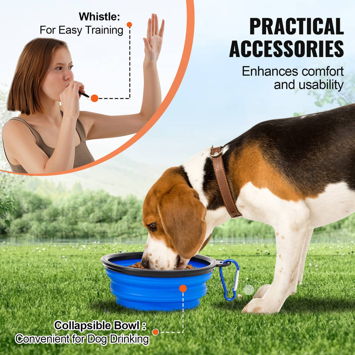 Dog agility training accessories with whistle and collapsible bowl for practice