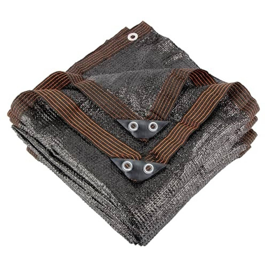 Black shade net fabric with brown striped binding and reinforced grommets, folded.