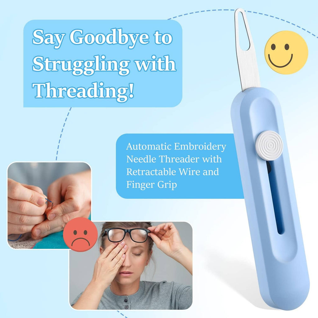 Blue automatic embroidery needle threader with retractable wire and finger grip.