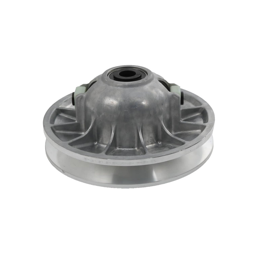 Secondary driven clutch sheave, silver metal with center black opening and side green tabs