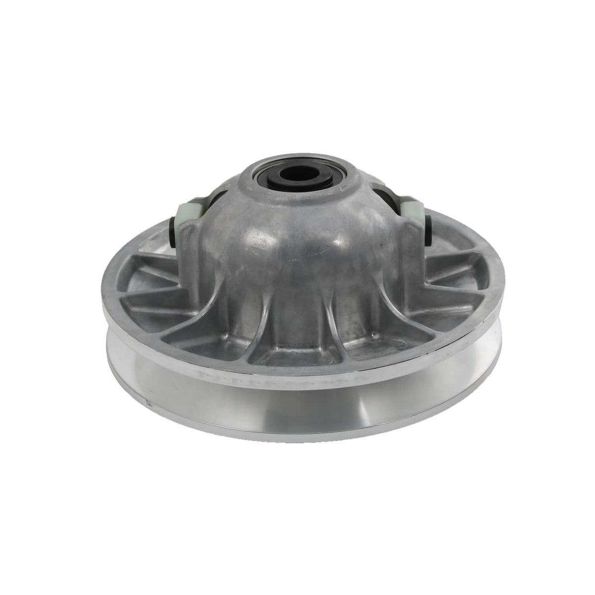 Secondary driven clutch sheave, silver metal with center black opening and side green tabs
