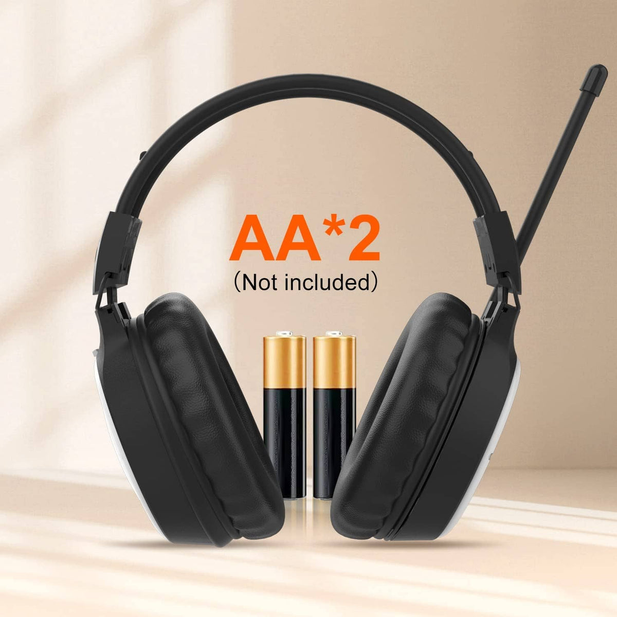 Black AM/FM radio headphones with open battery compartment and antenna