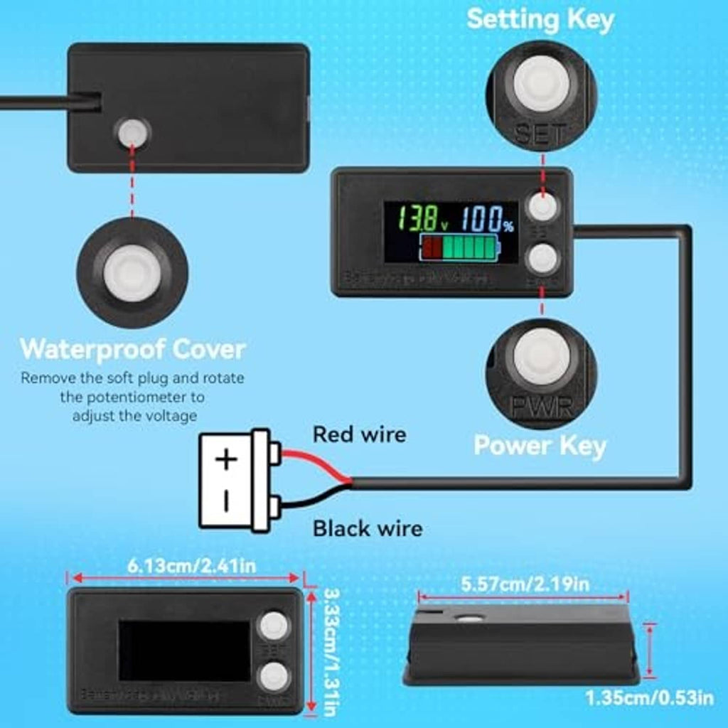 Battery monitor wiring setup with SET and PWR keys and probe leads