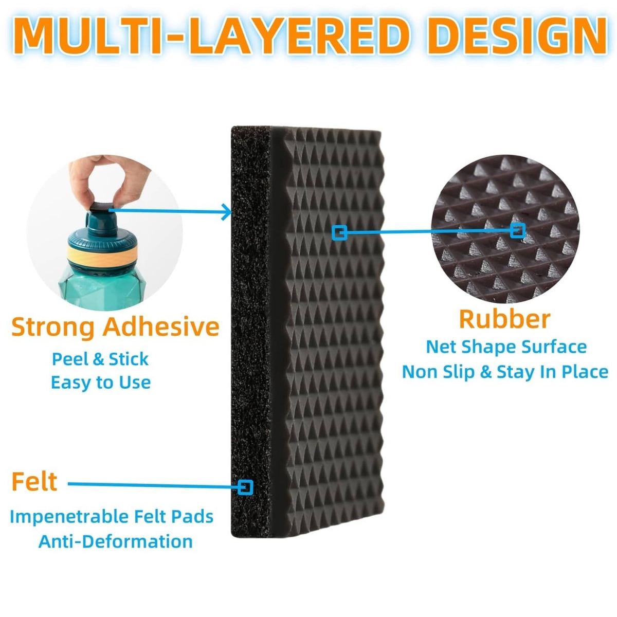 Stacked dark non-slip furniture pads showing textured rubber top and felt layer